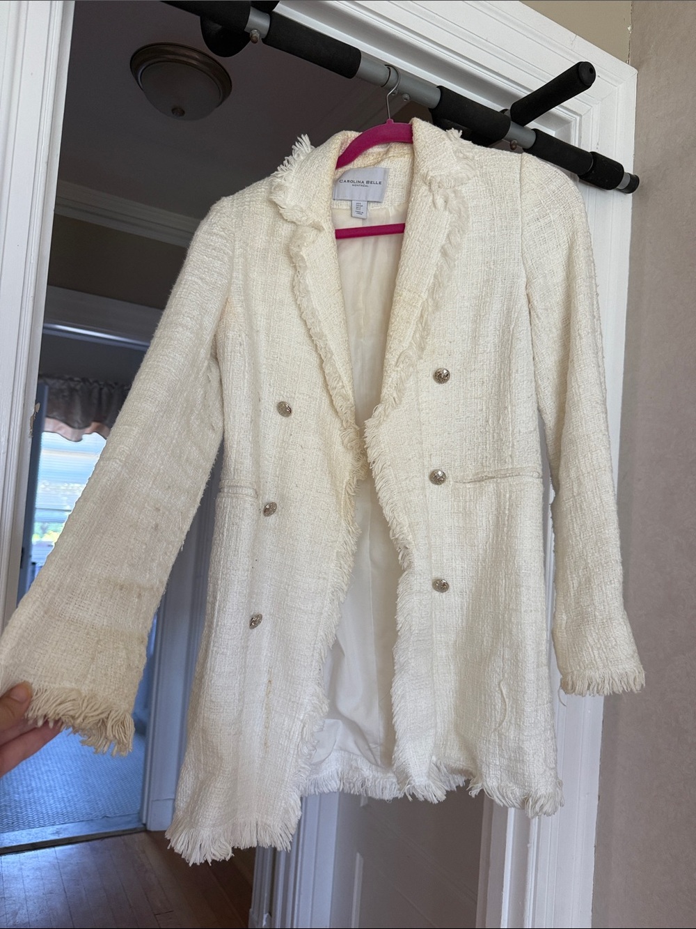 Carolina Belle Cream Tweed Double-Breasted Fringe Blazer